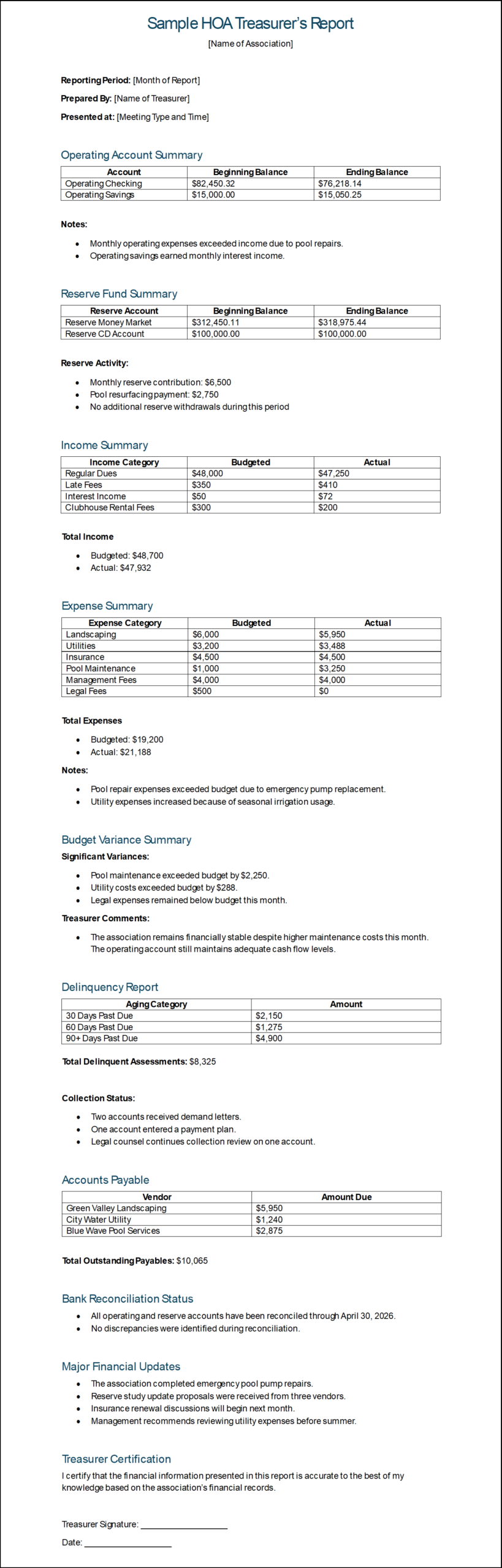 hoa treasurer report template